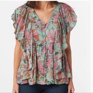 Haute Hippie Tribe Karen Floral Flutter Sleeve Peasant Top